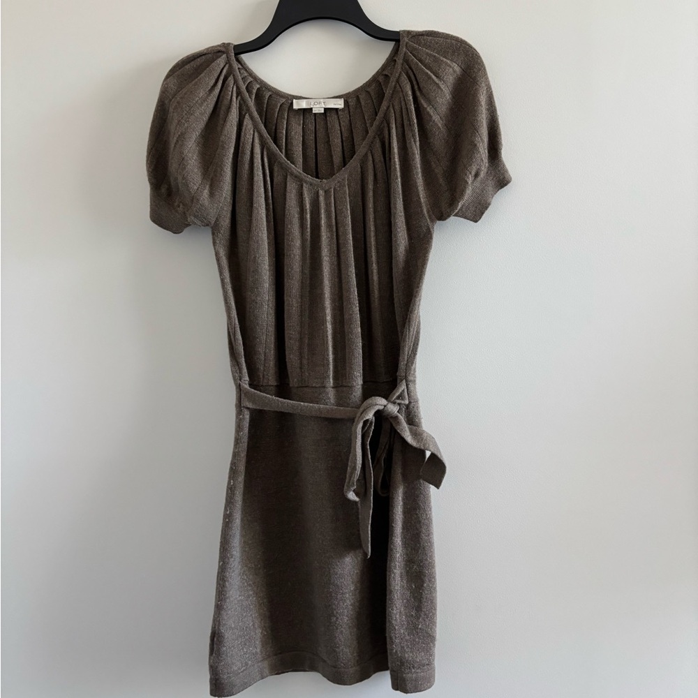 Ann Taylor LOFT Sweater Dress Merino Wool Blend Belted Blouson Brown Womens SP